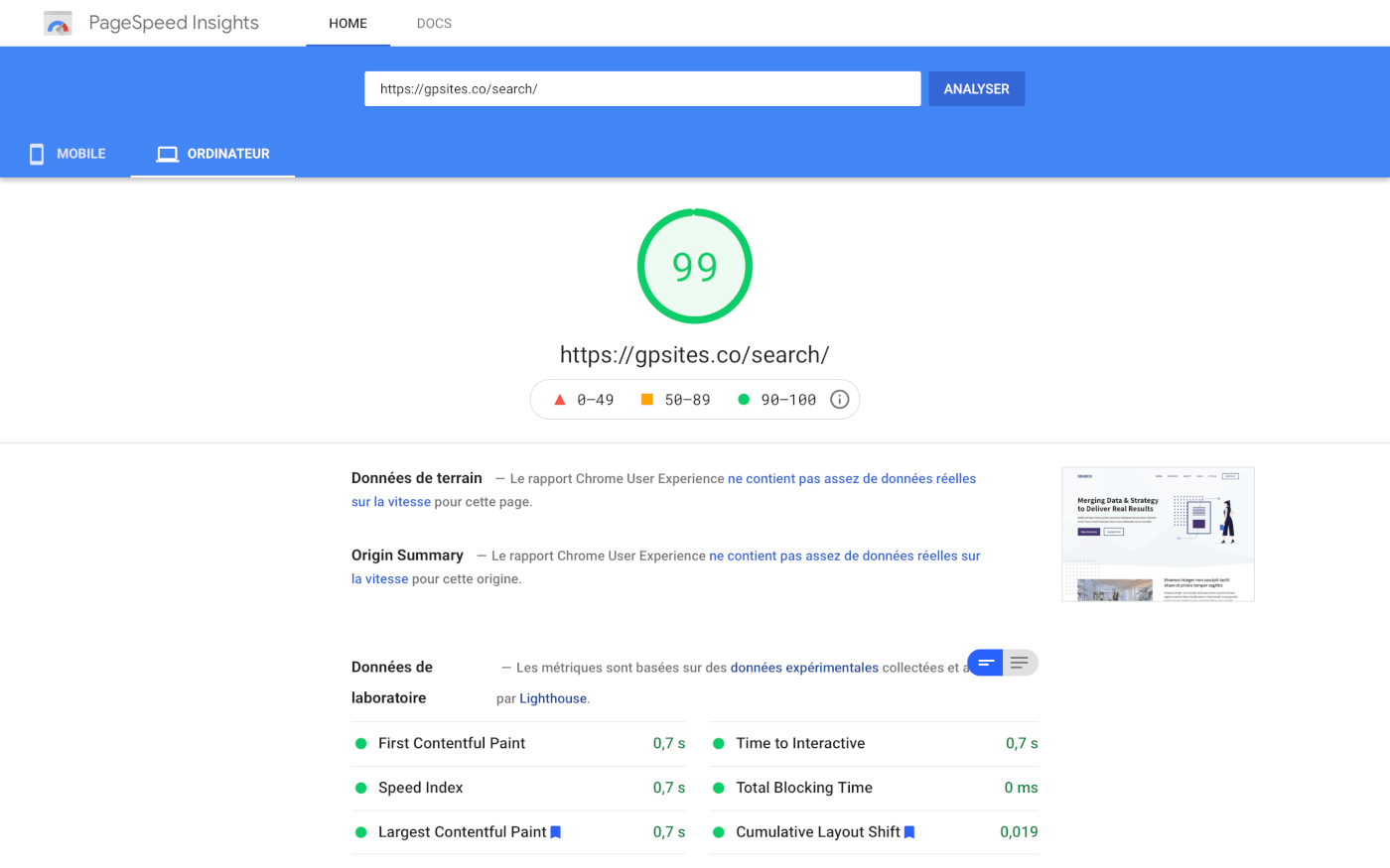 Score PageSpeed du Thème Rapide GeneratePress sur WordPress
