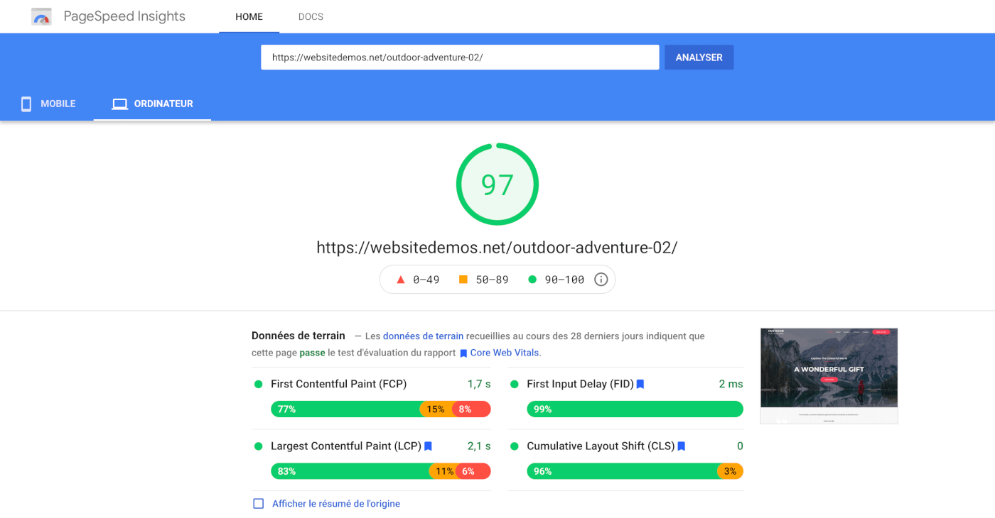 Score PageSpeed du Thème Rapide Astra sur WordPress