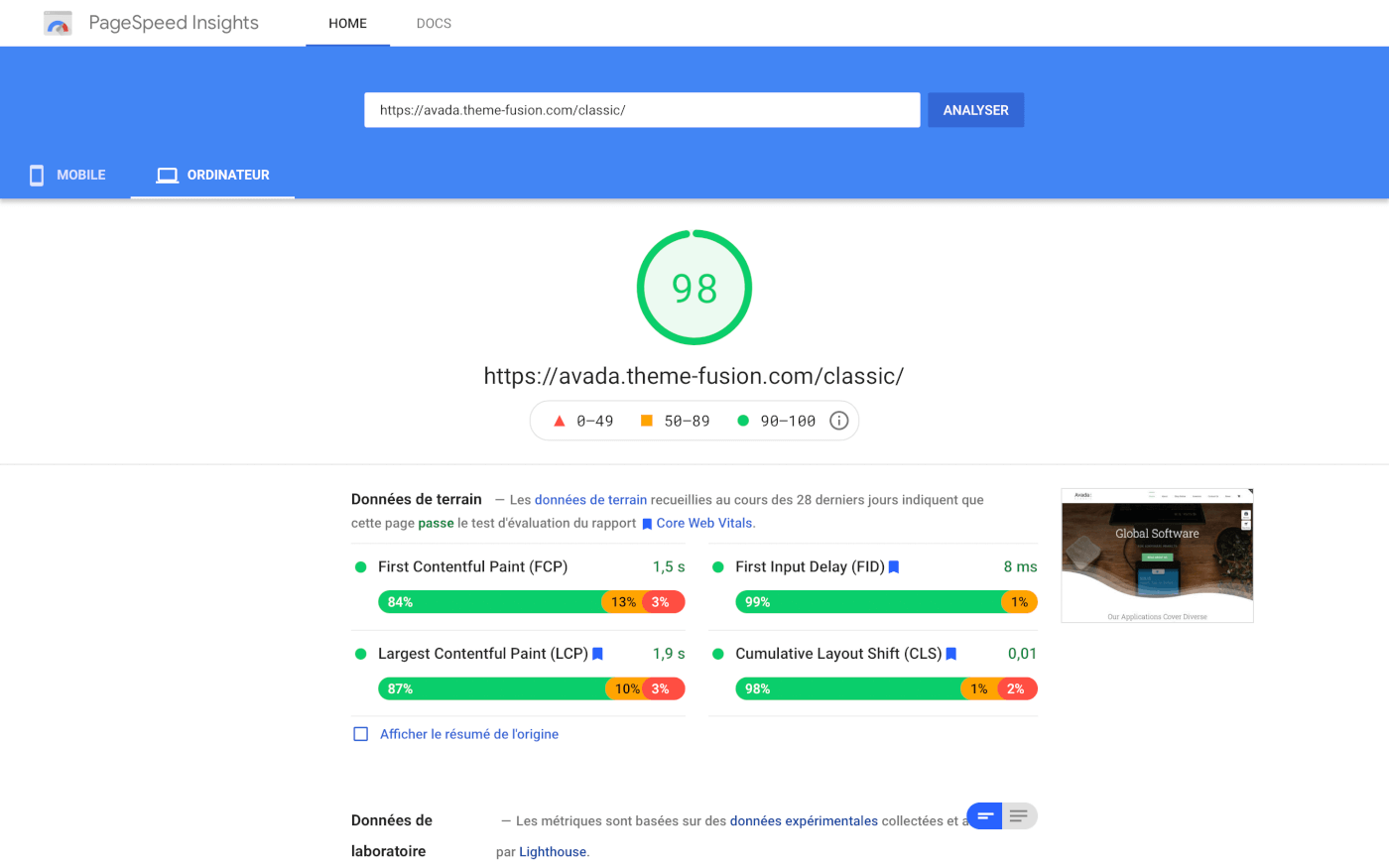Score PageSpeed du Thème Rapide Avada sur WordPress