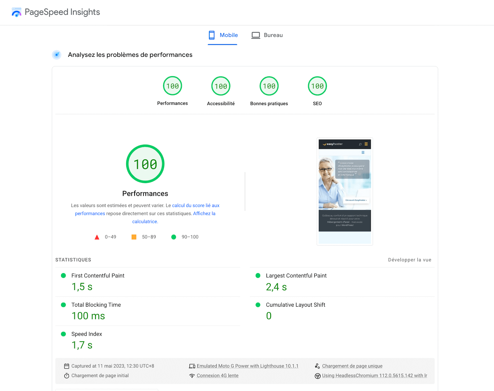100% sur PageSpeed avec un Hébergement Rapide