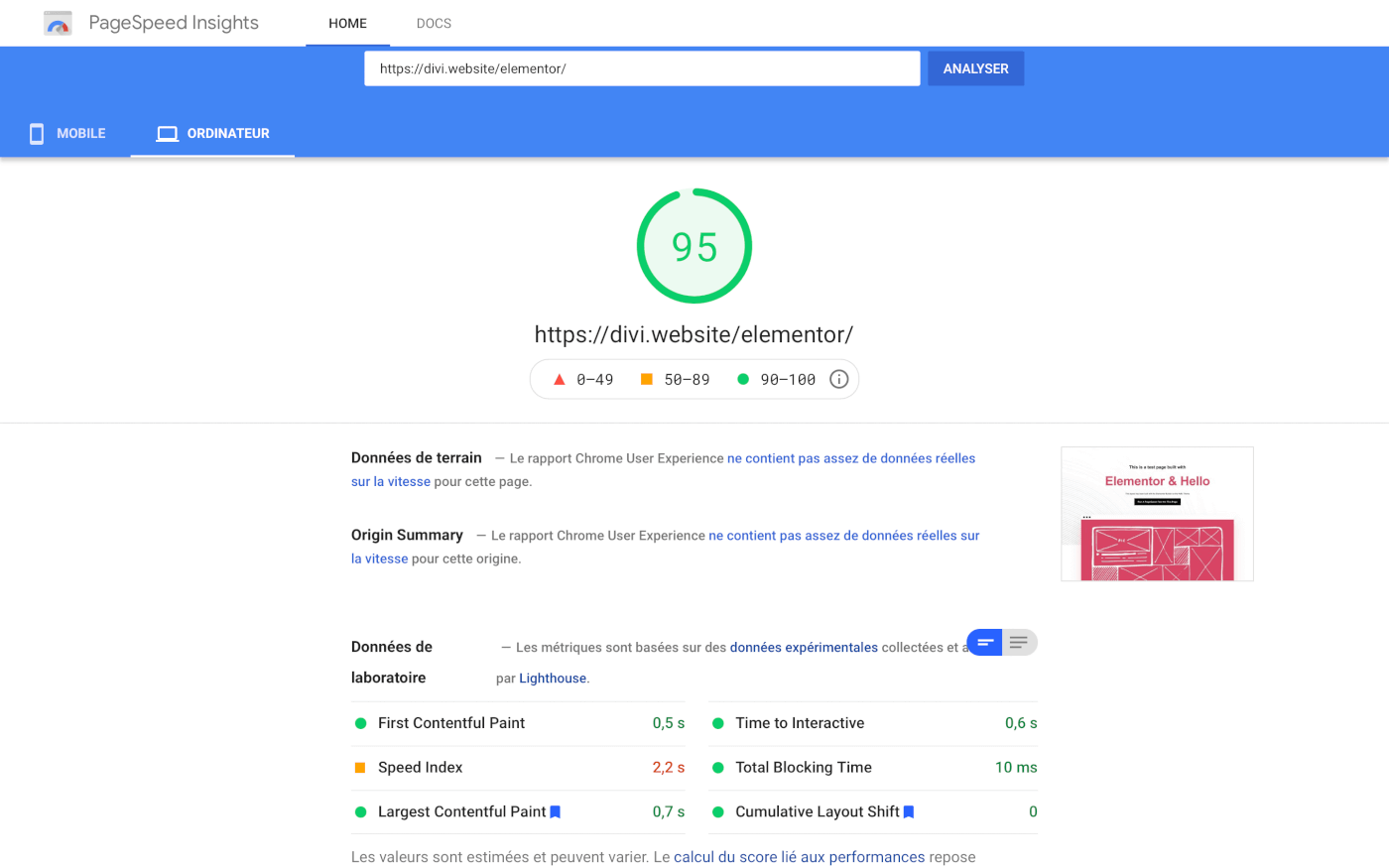 Score PageSpeed du Thème Rapide Hello Elementor sur WordPress