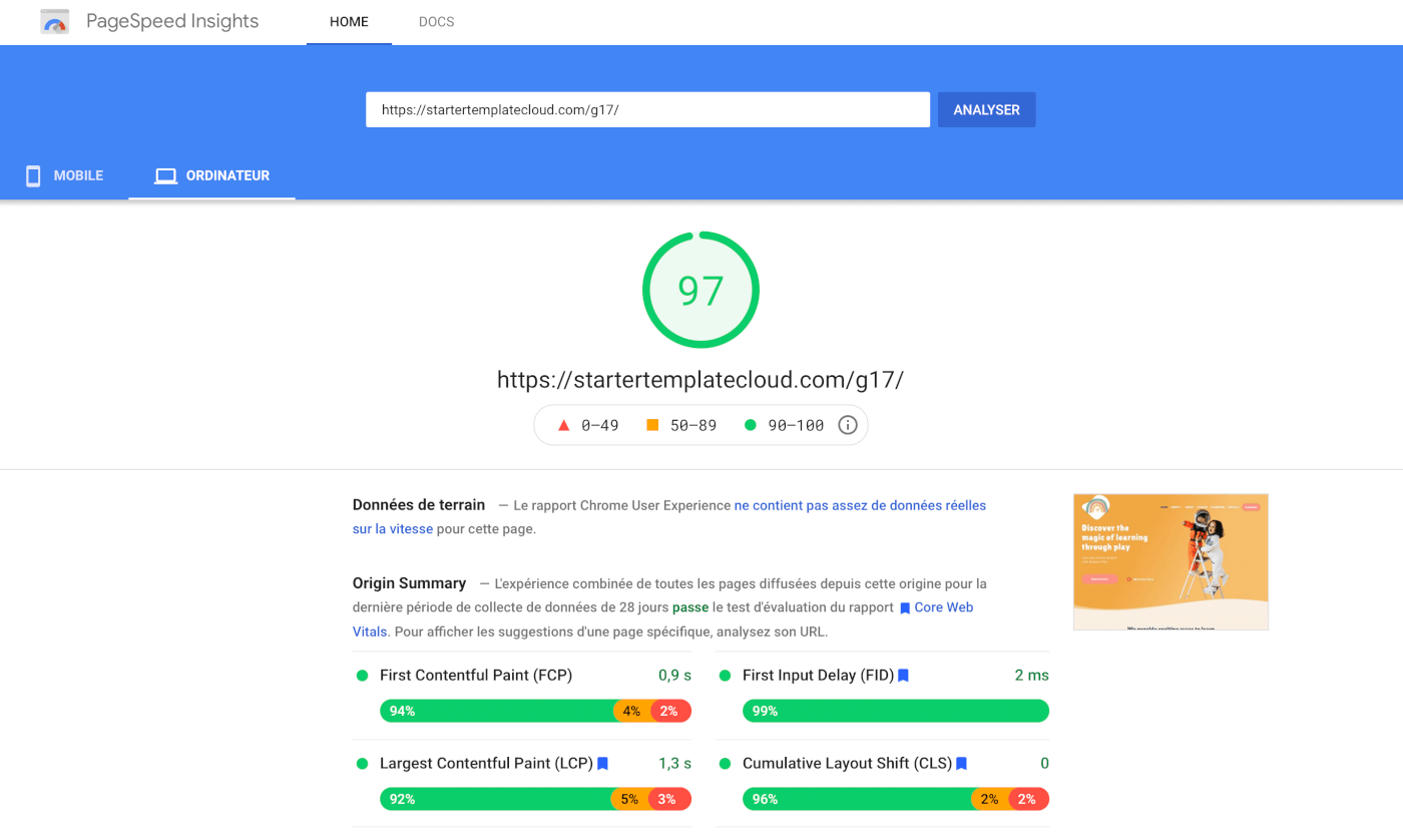 Score PageSpeed du Thème Rapide Kadence sur WordPress