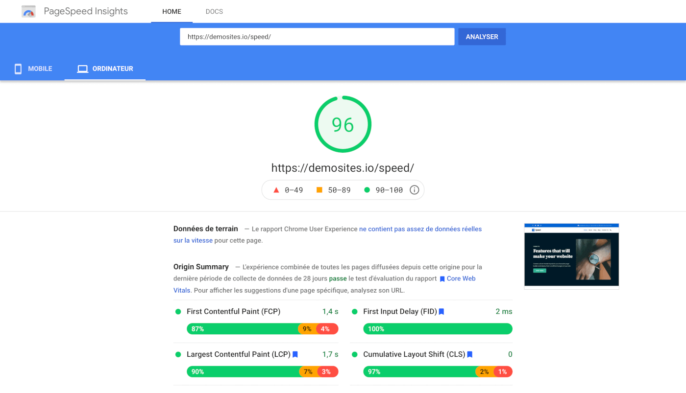 Score PageSpeed du Thème Rapide Neve sur WordPress