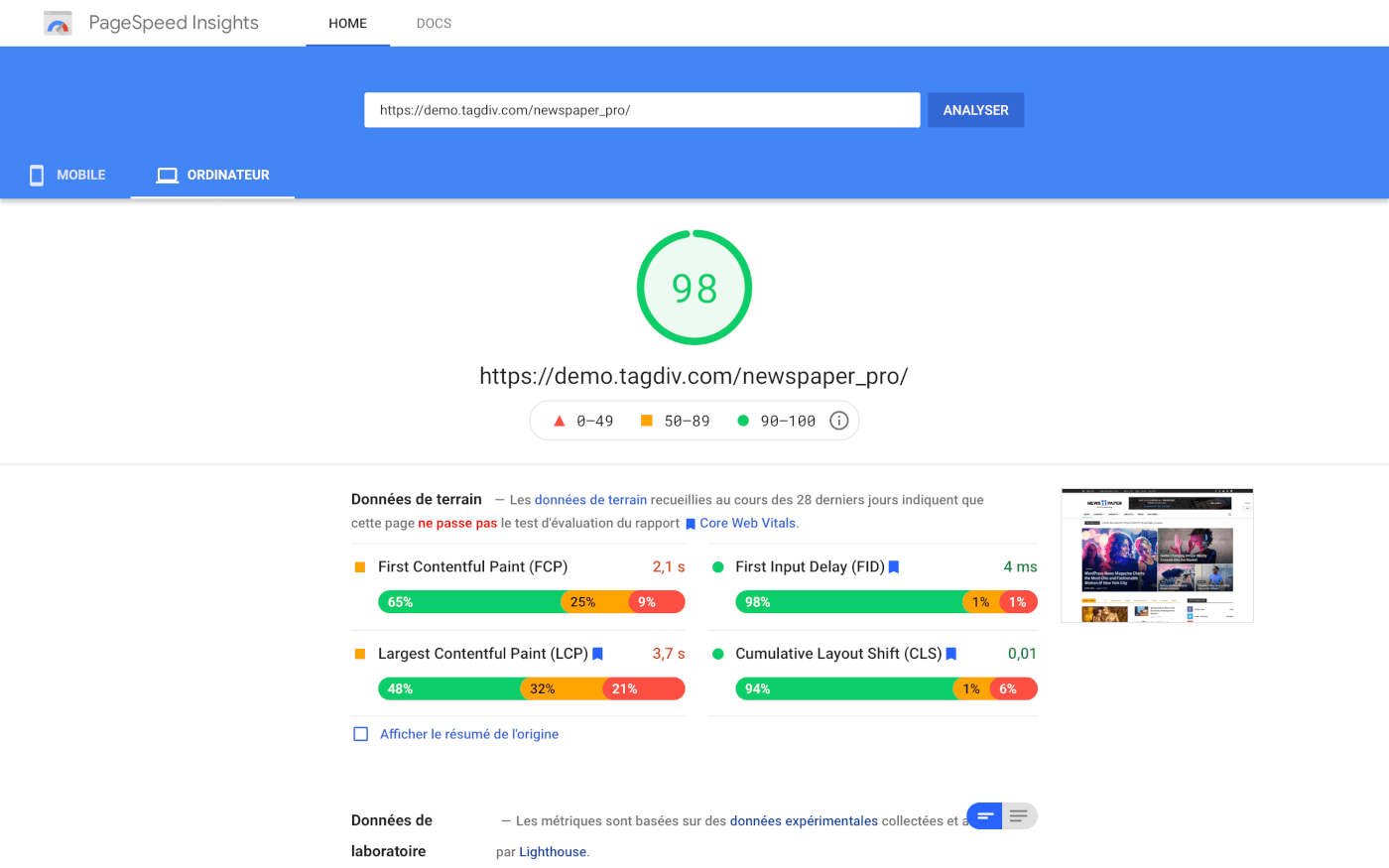 Score PageSpeed du Thème Rapide Newspaper sur WordPress