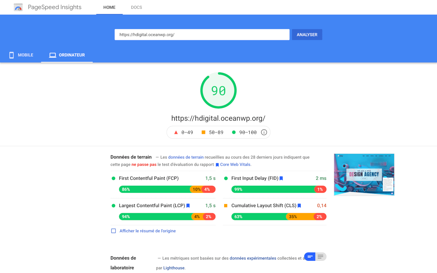 Score PageSpeed du Thème Rapide OceanWP sur WordPress