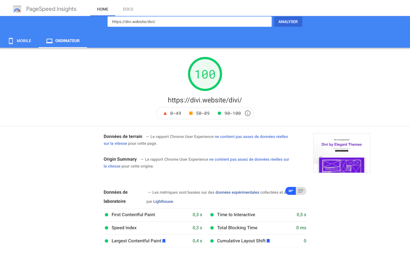 Score PageSpeed du Thème Rapide Divi sur WordPress