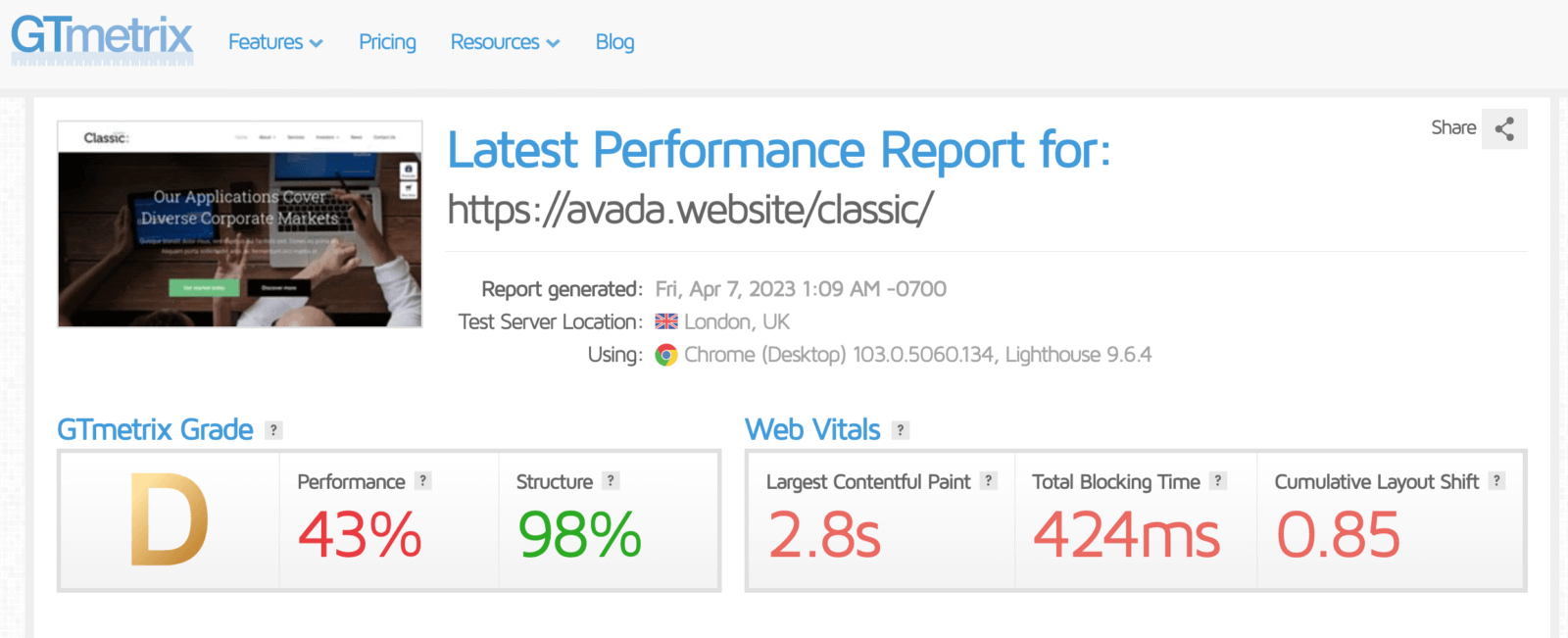 Rang GTmetrix du Thème Rapide Avada sur WordPress