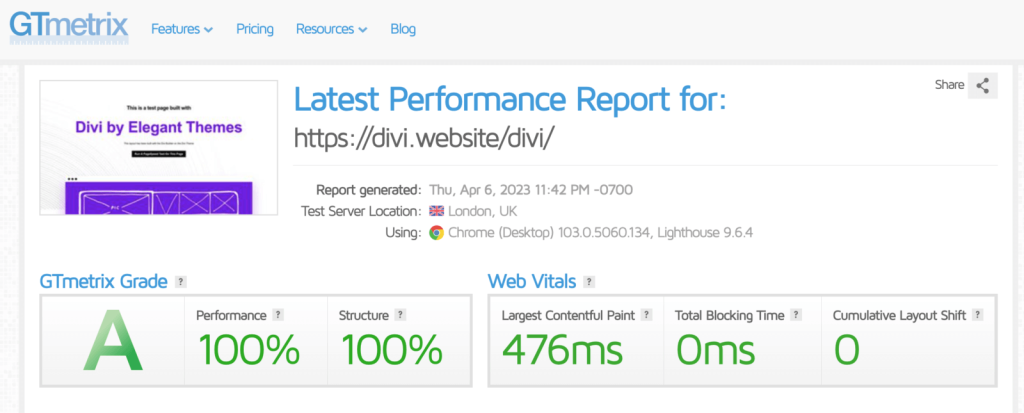 Rang GTmetrix du Thème Rapide Divi sur WordPress