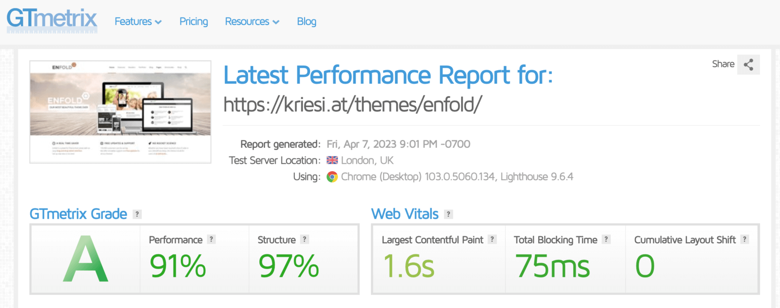 Rang GTmetrix du Thème Rapide Enfold sur WordPress