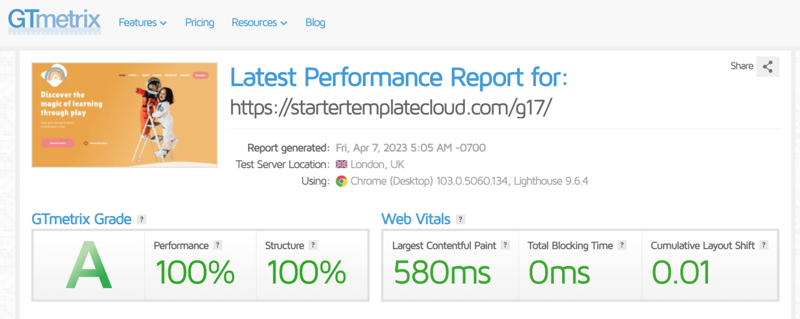 Rang GTmetrix du Thème Rapide Kadence sur WordPress