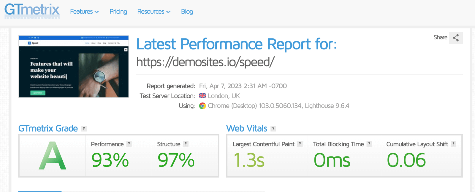 Rang GTmetrix du Thème Rapide Neve sur WordPress