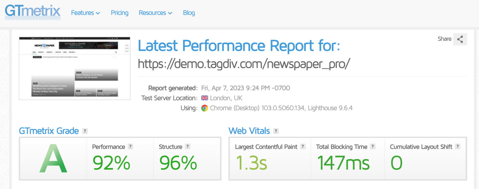 Rang GTmetrix du Thème Rapide Newspaper sur WordPress