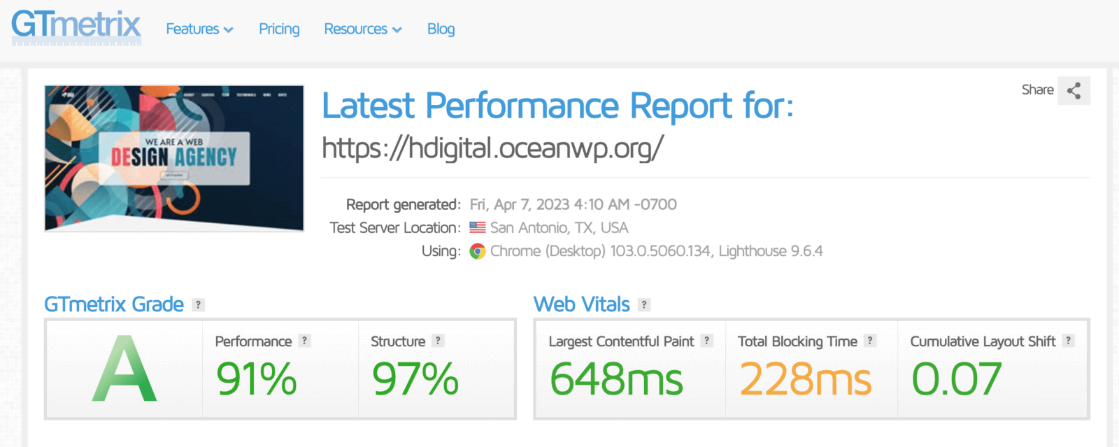 Rang GTmetrix du Thème Rapide OceanWP sur WordPress